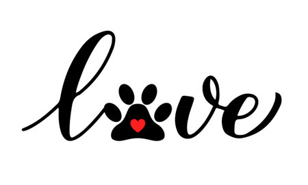 Love calligraphy lettering with paw print. Pet lover concept. Vector template for typography poster, banner, sticker, t-shirt, etc.のイラスト素材