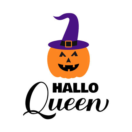 Halloqueen Hallo queen lettering. Funny Halloween pun quote. Cute pumpkin Jack o lantern. Vector template for typography poster, greeting card, banner, t-shirt, etc.のイラスト素材