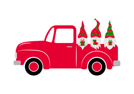Christmas retro truck. Vintage pickup with gnomes. Vector template for winter holidays greeting card, banner, poster, flyer, etcのイラスト素材