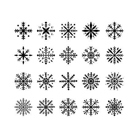Set of black snowflakes isolated on white. Hand drawn snowflakes. Winter collection. Vector elements of design.のイラスト素材