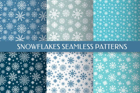 Set of 6 snowflakes seamless pattern. Christmas or winter vector background. Easy to edit template for wrapping paper, fabric, wallpaper, etcのイラスト素材