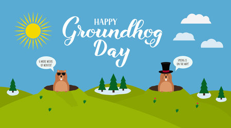 Groundhog Day banner with calligraphy hand lettering and cute cartoon marmots crawling out of hole. Two versions: sunny or cloudy day. Vector template for greeting card, poster, flyer, etc.のイラスト素材