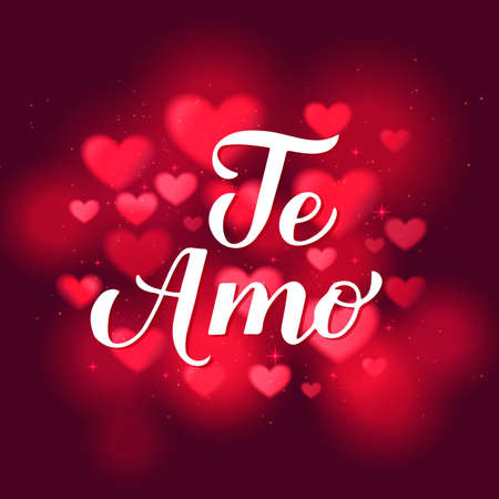 Te Amo calligraphy hand lettering on red blurred hearts background. I Love You in Spanish. Valentines day typography poster. Vector template for banner, postcard, greeting card, flyer, etc.のイラスト素材