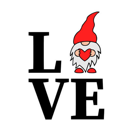 Word love with cute cartoon gnome holding heart. Vector template for Valentines card, flyer, banner, sticker, t-shirt, etc.のイラスト素材