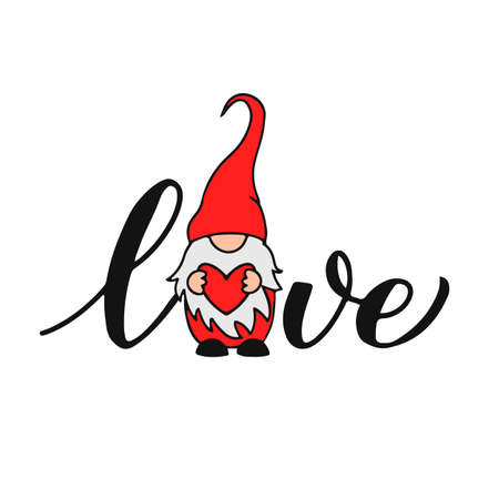 Word love with cute cartoon gnome holding heart. Vector template for Valentines card, poster, flyer, banner, sticker, t-shirt, etc.のイラスト素材