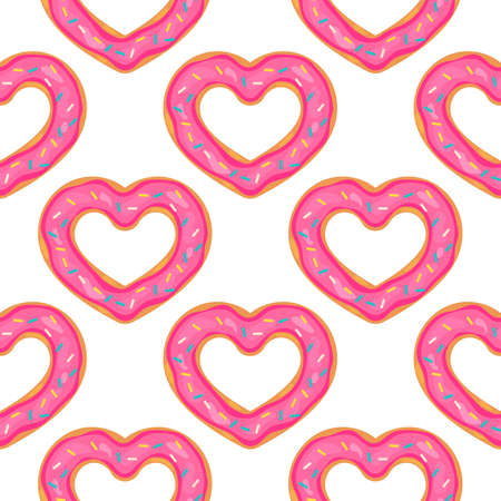 Heart Donut seamless pattern. Cute cartoon donuts with pink glaze on white background. Valentines Day Backdrop. Vector template for greeting card, fabric, gift package, wrapping paper, etc.のイラスト素材