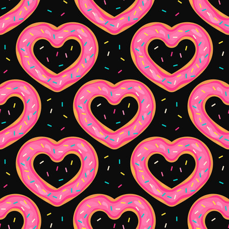 Heart Donut seamless pattern. Cute cartoon donuts with pink glaze on black background. Valentines Day Backdrop. Vector template for greeting card, fabric, gift package, wrapping paper, etc.のイラスト素材