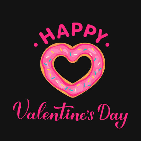 Happy Valentines Day calligraphy hand lettering with pink glazed donut. Vector template for greeting card, flyer, banner, sticker, t shirt, etcのイラスト素材