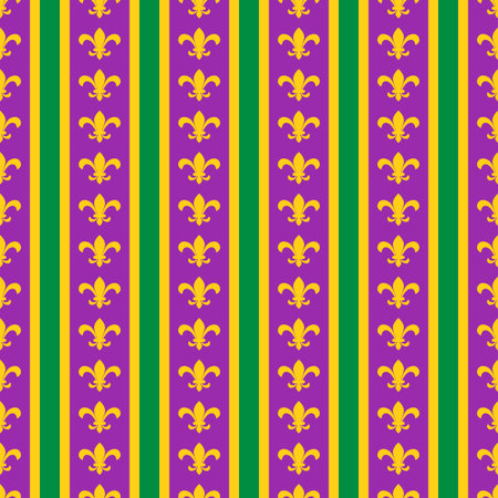 Mardi Gras Fleur de lis  seamless pattern.  Green, purple and yellow background.  Vector template for carnival decorations.のイラスト素材