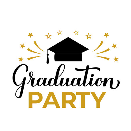 Graduation Party calligraphy hand lettering with graduation cap. Congratulations to graduates typography poster. Vector template for greeting card, banner, invitation, label, t-shirt, etc.のイラスト素材