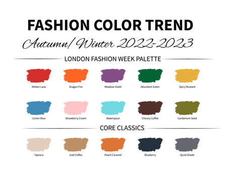 Fashion Color Trend Autumn - Winter 2022 - 2023. Trendy colors palette guide. Fabric swatches with color names. Easy to edit vector template for your creative designs.のイラスト素材