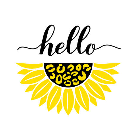 Hello handwritten sign with sunflower. Seasonal typography poster. Easy to edit vector template for banner, flyer, sticker, shirt, etc.のイラスト素材