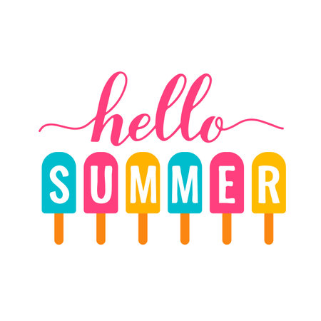 Hello summer lettering with colorful ice cream. Inspirational seasonal quote typography poster. Vector template for banner, flyer, sticker, shirt, etc.のイラスト素材
