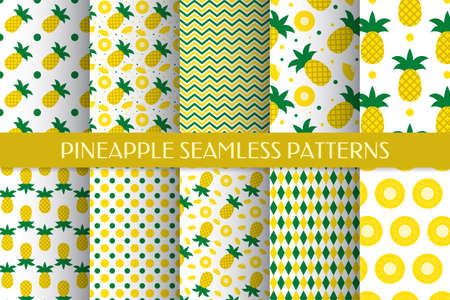 Set of 10 pineapple seamless patterns. Summer tropical fruit vector background bundle. Vector template for fabric, textile, wallpaper, wrapping paper, etc.のイラスト素材