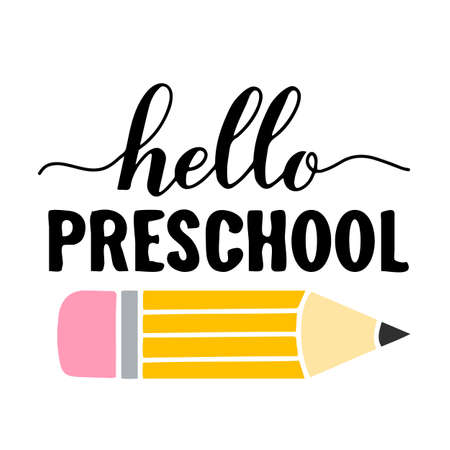 hello preschool. First day of school. Vector template for typography poster, banner, greeting card, postcard, shirt, etc.のイラスト素材