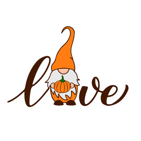 Word love with cute cartoon gnome holding pumpkin. Fall decorations. Vector template for poster, flyer, banner, sticker, shirt, etcのイラスト素材