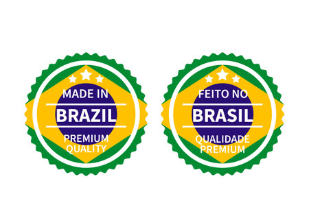 Made in Brazil labels round in English and in Portuguese languages. Quality mark vector icon. Perfect for logo design, tag, sticker, emblem, product package, etcのイラスト素材