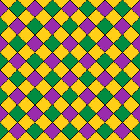 Mardi Gras seamless pattern. Fleur de lis checkered background. Green, purple and yellow background. Vector template for carnival decorationsのイラスト素材