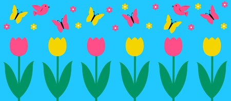 Spring or summer landscape background. Flower field border. Vector illustrationのイラスト素材