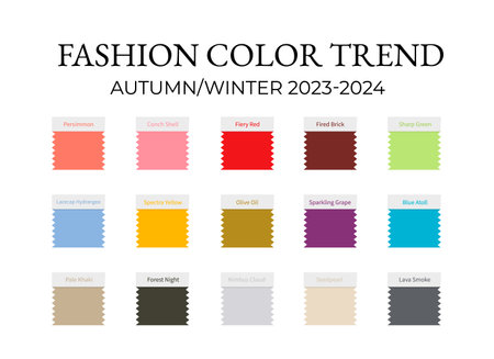 Fashion Color Trend Autumn - Winter 2023 - 2024. Trendy colors palette guide. Fabric swatches with color names. Vector template for your creative designsのイラスト素材