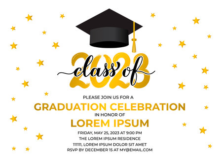 Graduation party invitation card template. Graduation celebration announcement. Class of 2023 vector illustration.のイラスト素材