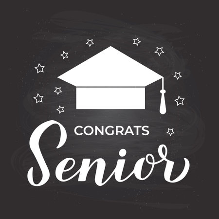 Congrats Senior lettering with graduation cap on chalkboard background. Congratulations to graduates typography poster. Vector template for greeting card, banner, label, etc.のイラスト素材