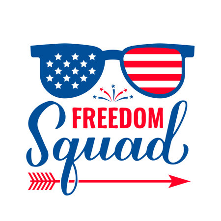 Freedom squad lettering. Funny independence day quote. Patriotic 4th of July design. Vector template for typography poster, banner, greeting card, shirt, etc.のイラスト素材