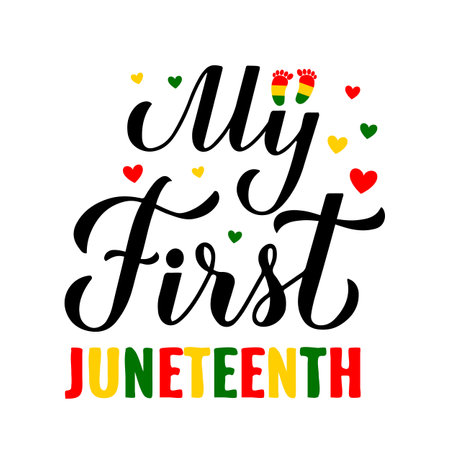 My First Juneteenth calligraphy lettering. Baby 1st Freedom Day. African American holiday on June 19. Vector template for greeting card, poster, kids clothes, sticker, etcのイラスト素材