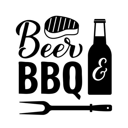 Beer and BBQ calligraphy hand lettering isolated on white. Funny BBQ quote. Vector template for typography poster, banner, flyer, sticker, t-shirt, etc.のイラスト素材