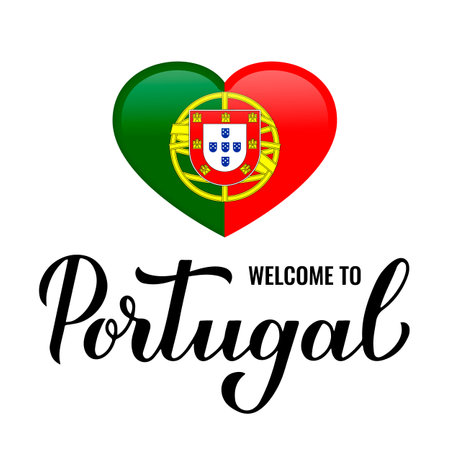 Welcome to Portugal calligraphy hand lettering with national flag in heart shape isolated on white background. Vector template for typography poster, postcard, banner, flyer, sticker, t-shirt, etcのイラスト素材