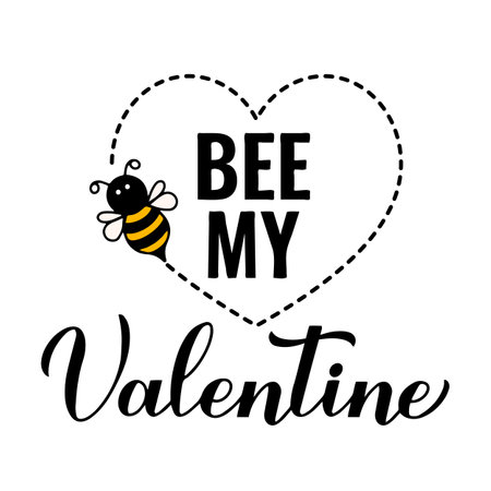 Bee My Valentine calligraphy hand lettering with cute cartoon bee. Funny Valentines Day quote. Vector template for banner, poster, flyer, sticker, card, shirt, etcのイラスト素材