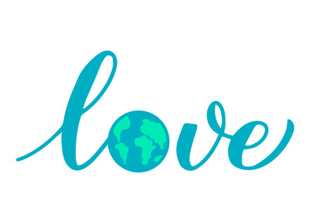 Love calligraphy hand lettering with globe. Earth Day typography poster template. Vector template for banner, flyer, postcard, etcのイラスト素材