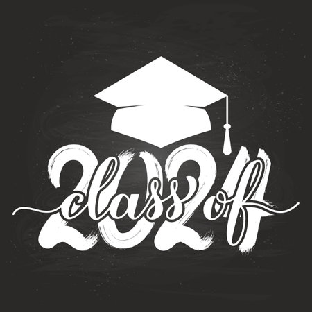 Class of 2024 lettering with graduation hat on chalkboard background. Congratulations to graduates typography poster. Vector template for greeting card, banner, label, shirt, etc.のイラスト素材