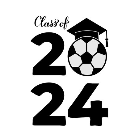 Class of 2024 lettering with graduation hat and soccer ball. Congratulations to graduates typography poster. Vector template for greeting card, banner, sticker, shirt, etcのイラスト素材