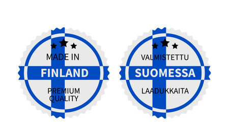 Made in Finland round labels in English and in Finnish languages. Quality mark vector icon. Perfect for  badges, tags, stickers, emblem, product package, etc.のイラスト素材