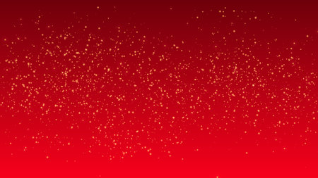 Gold glitter particles on red background. Golden lights flare abstract vector illustration. Explosion sparkle in space. Shimmering backdrop for Christmas or New Year designsのイラスト素材
