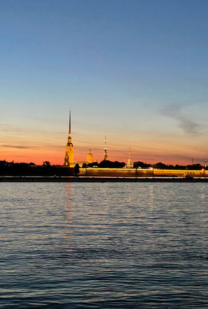 Peter and Paul Fortress in Saint Petersburg, Russia. Beautiful view of the landmark during white nights. Vertical photographyの写真素材