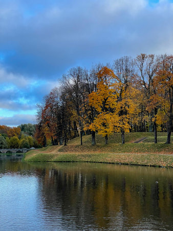 Serene pond reflects golden autumn foliage, surrounded by tall trees in vibrant colors. Peaceful natural scene. Seasonal nature background.の写真素材