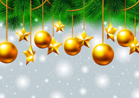 Christmas background with gold stars and toysのイラスト素材