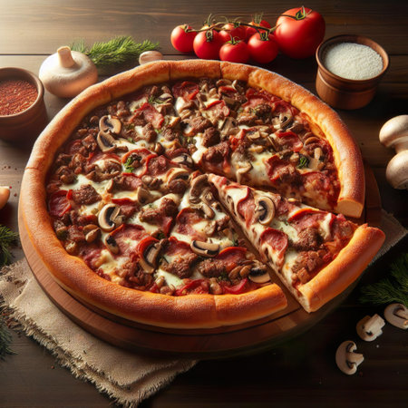 Pizza with sausages, mushrooms and cheese on wooden backgroundの素材