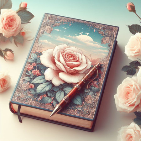 Vintage book with old fountain pen and rose flowers on blue backgroundの素材