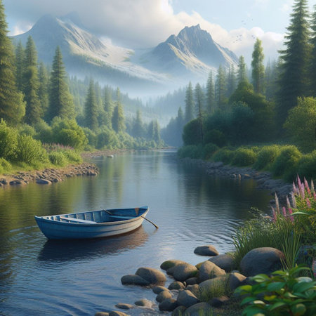 Fishing boat on the shore of a mountain lake in the mountainsの素材