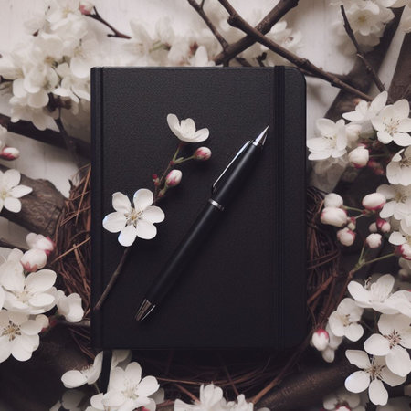 Pen, notebook and cherry blossoms on a white wooden background.の素材