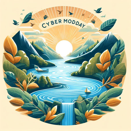 Vector illustration of a beautiful landscape with a river, mountains and trees.の素材