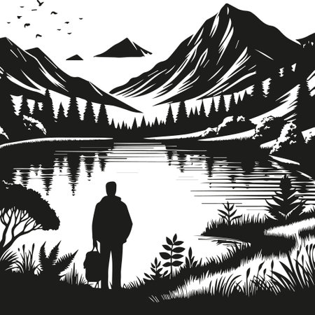 Lonely man standing by the lake in mountains. Vector illustrationのイラスト素材