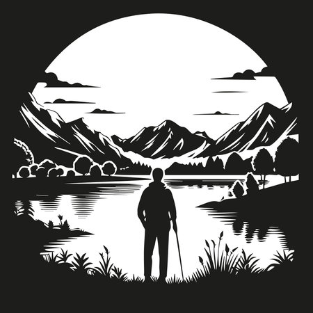 Lonely man on the shore of the lake. Vector illustrationのイラスト素材