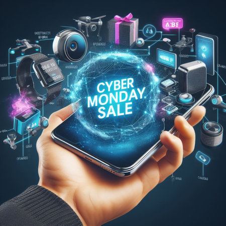 Hand holding smartphone with cyber monday sale concept on blue background. 3D Renderingの素材