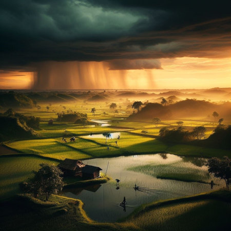 Rain storm over rice fields in Bali, Indonesia. Beautiful nature backgroundの素材
