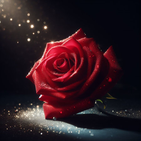 Red rose on black background with bokeh lights and copy spaceの素材