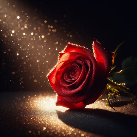 Red rose on black background with bokeh lights. Valentines day backgroundの素材